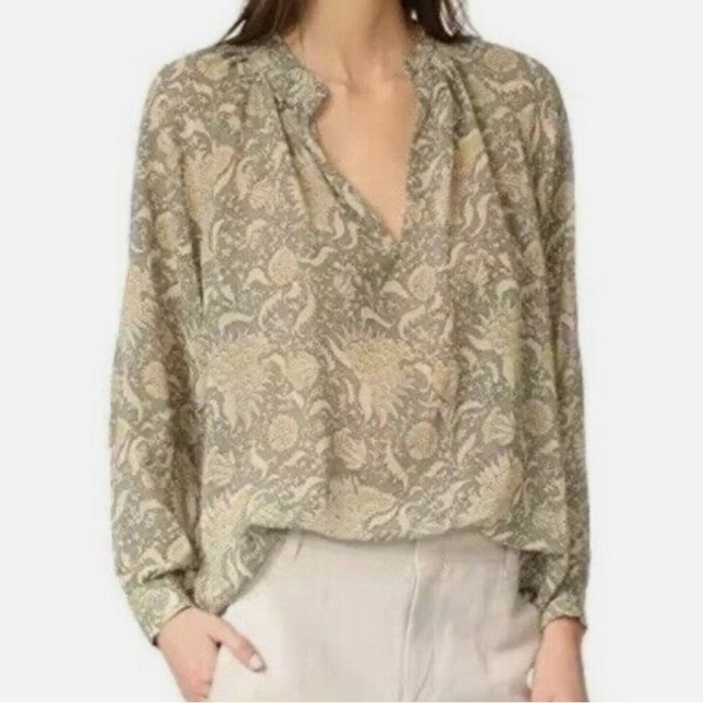 Vince Floral Pleat-Neck Semi-Sheer Blouse in Natural